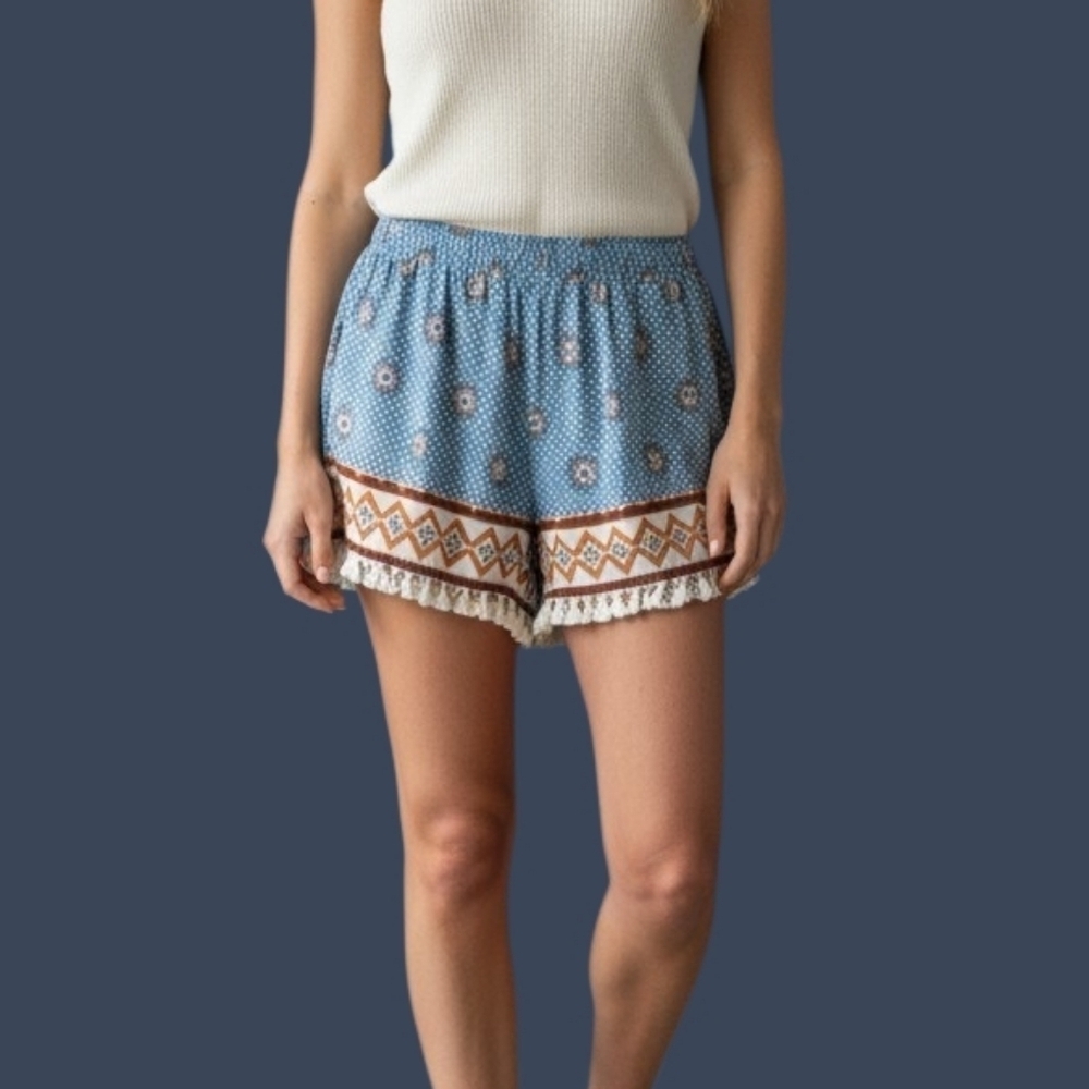 UMGEE Bohemian Aztec Tribal Printed Tassel High Rise Festival Shorts
